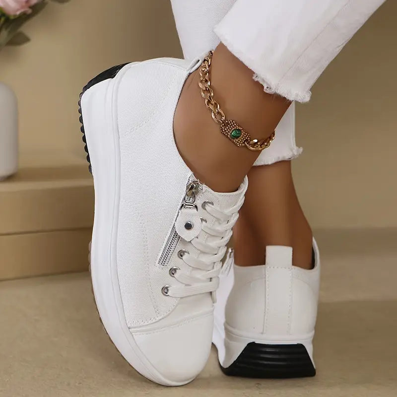 Comfortable Sneakers Comfortable Women's Black & White Contrast Low-Top Sneakers | Lace-Up Round Toe Casual Shoes with TPR Sole, All-Season Comfort for Casual Attire, Minimalist Design, Durable Construction