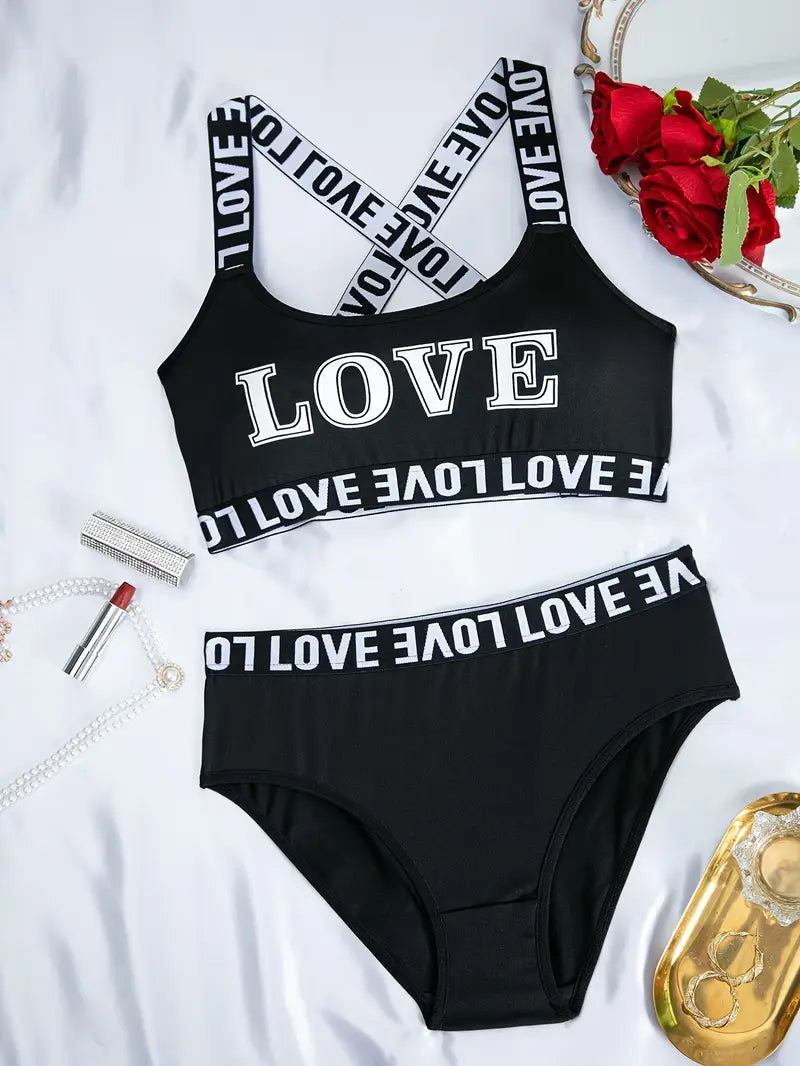 Sexy and Comfortable Women's LOVE printed letter bra and pants set | 3pcs set | sporty, sexy and comfortable