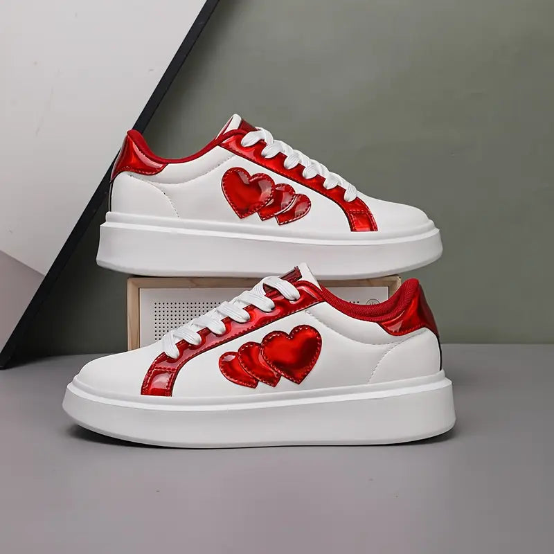 Style Heart-Shaped Sneakers Versatile Korean Style Harajuku Heart-Shaped Lace-Up Sneakers - Casual Flat White Shoes for All Seasons - Fashionable Lightweight Thick-Soled Platform