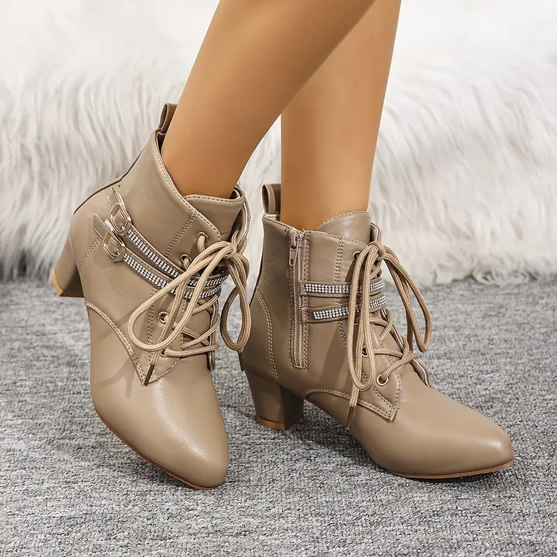 Women's Fashion Mid Heel Boots - Block Heel, Pointed Toe, Double Row Buckle, Zipper | Man Made Upper, Fabric Inner, TPR Sole