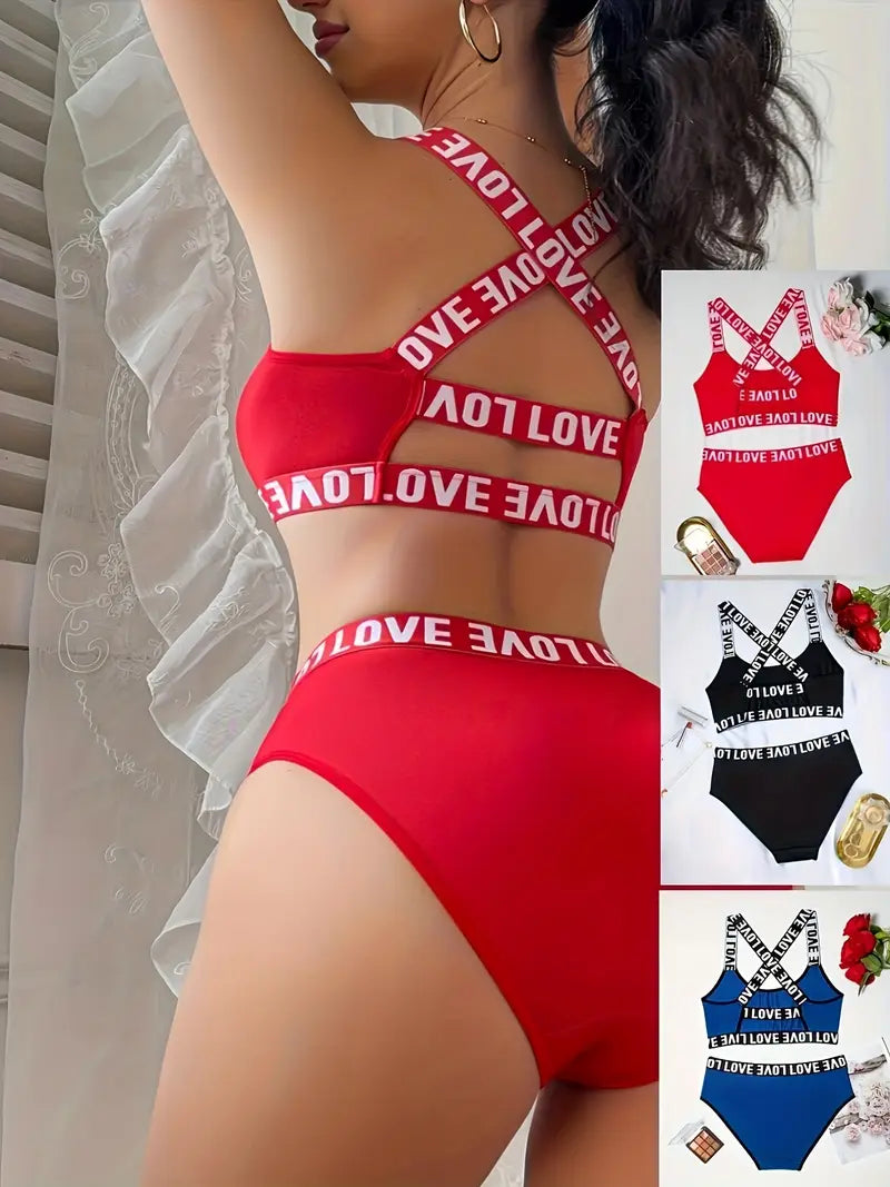 Sexy and Comfortable Women's LOVE printed letter bra and pants set | 3pcs set | sporty, sexy and comfortable
