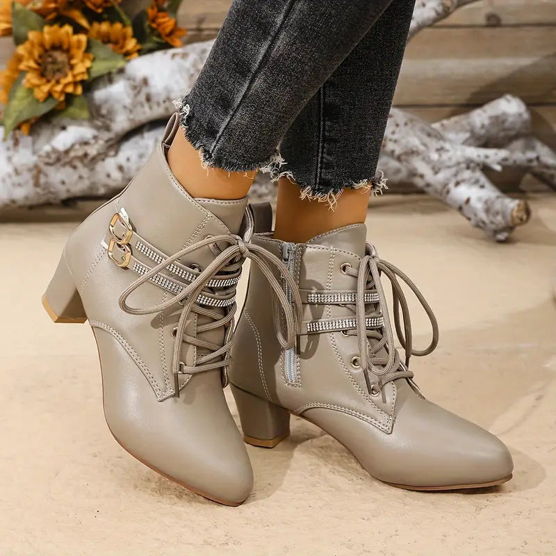 Women's Fashion Mid Heel Boots - Block Heel, Pointed Toe, Double Row Buckle, Zipper | Man Made Upper, Fabric Inner, TPR Sole