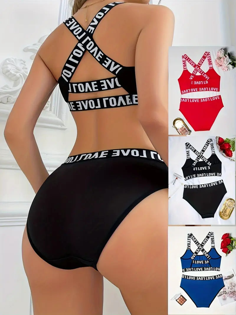 Sexy and Comfortable Women's LOVE printed letter bra and pants set | 3pcs set | sporty, sexy and comfortable