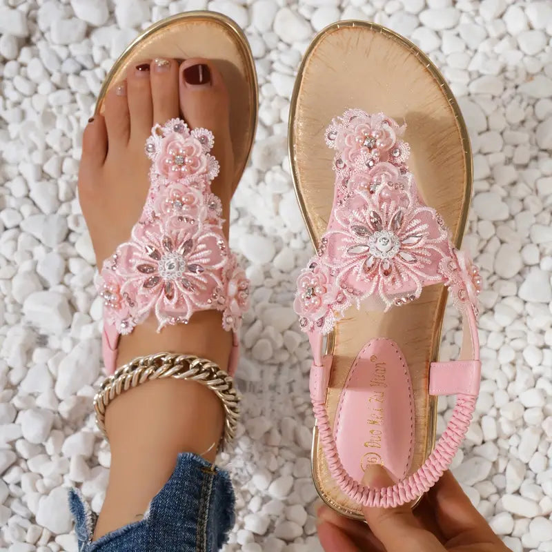 Women's Flower Decor Flat Sandals, Casual Elastic Band Summer Sandals, Comfortable Beach Shoes
