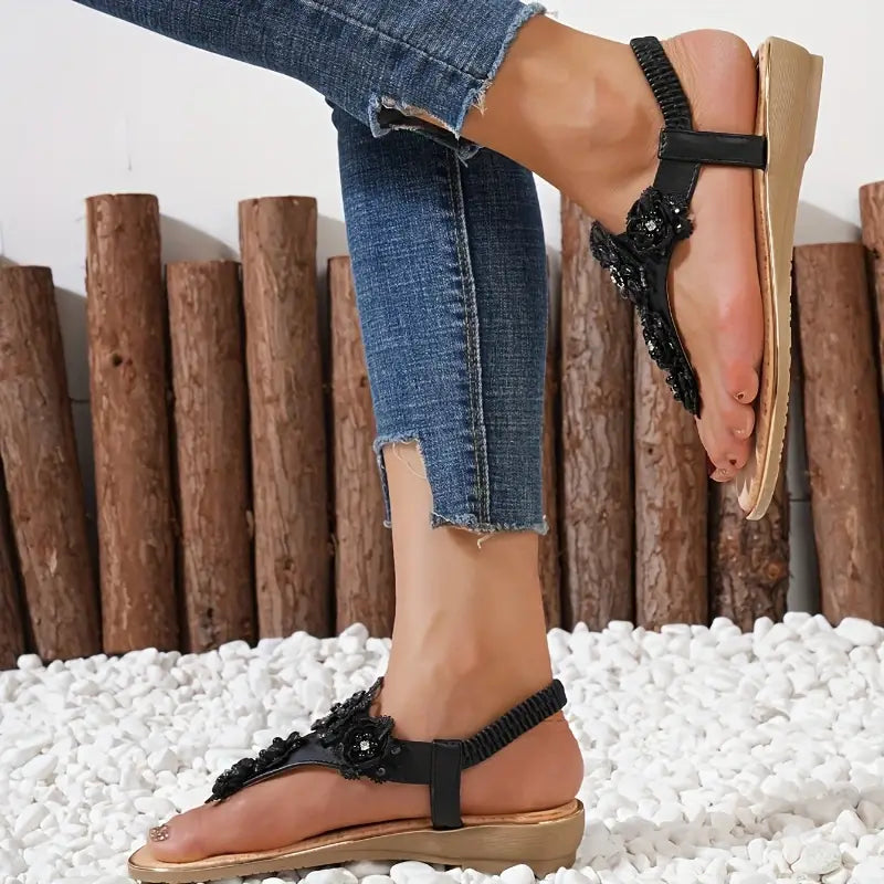 Women's Flower Decor Flat Sandals, Casual Elastic Band Summer Sandals, Comfortable Beach Shoes