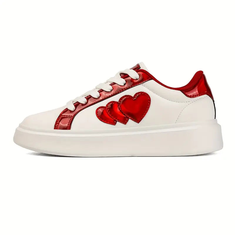 Style Heart-Shaped Sneakers Versatile Korean Style Harajuku Heart-Shaped Lace-Up Sneakers - Casual Flat White Shoes for All Seasons - Fashionable Lightweight Thick-Soled Platform