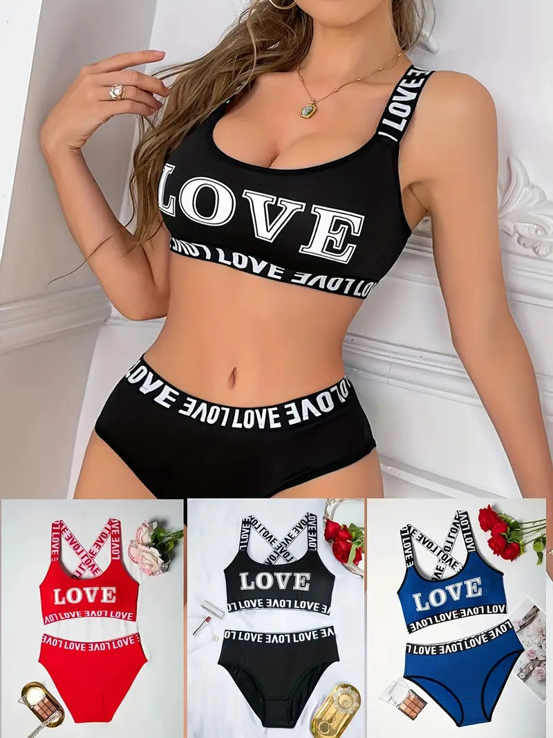 Sexy and Comfortable Women's LOVE printed letter bra and pants set | 3pcs set | sporty, sexy and comfortable