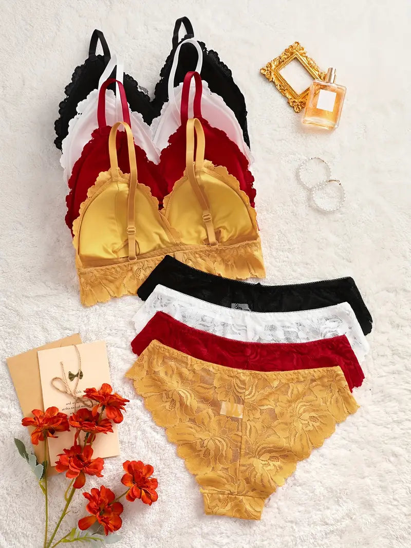 4pcs Romantic Floral Lace Trim Bra & Panty Set - Removable Padded, Mid Rise, Solid Color, Knit Fabric, Sexy & Comfortable Lingerie for Women - Perfect for Everyday Wear