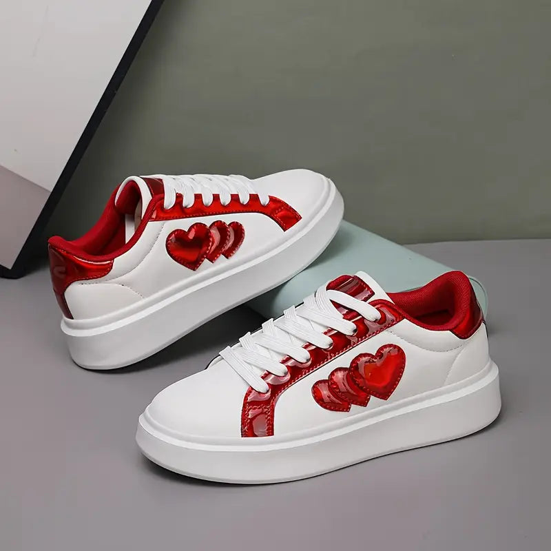Style Heart-Shaped Sneakers Versatile Korean Style Harajuku Heart-Shaped Lace-Up Sneakers - Casual Flat White Shoes for All Seasons - Fashionable Lightweight Thick-Soled Platform