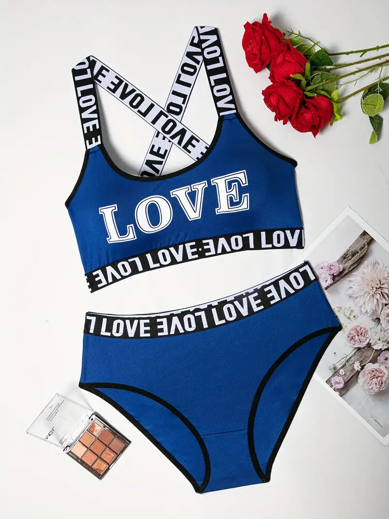 Sexy and Comfortable Women's LOVE printed letter bra and pants set | 3pcs set | sporty, sexy and comfortable