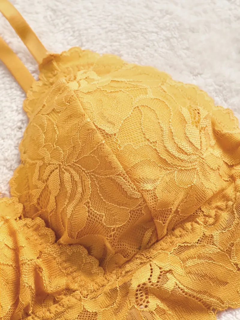 4pcs Romantic Floral Lace Trim Bra & Panty Set - Removable Padded, Mid Rise, Solid Color, Knit Fabric, Sexy & Comfortable Lingerie for Women - Perfect for Everyday Wear