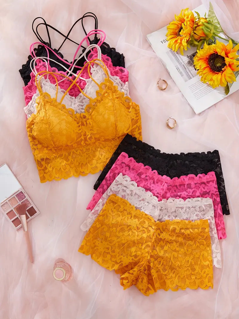 4-Pack Sexy Lace Lingerie Set for Women - Removable Padded Lace Bralette and Mid-Rise Boyshort Panties, Solid Color, Knitted Fabric, Adult Underwear Ensemble