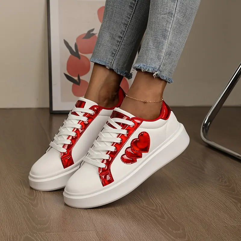 Style Heart-Shaped Sneakers Versatile Korean Style Harajuku Heart-Shaped Lace-Up Sneakers - Casual Flat White Shoes for All Seasons - Fashionable Lightweight Thick-Soled Platform