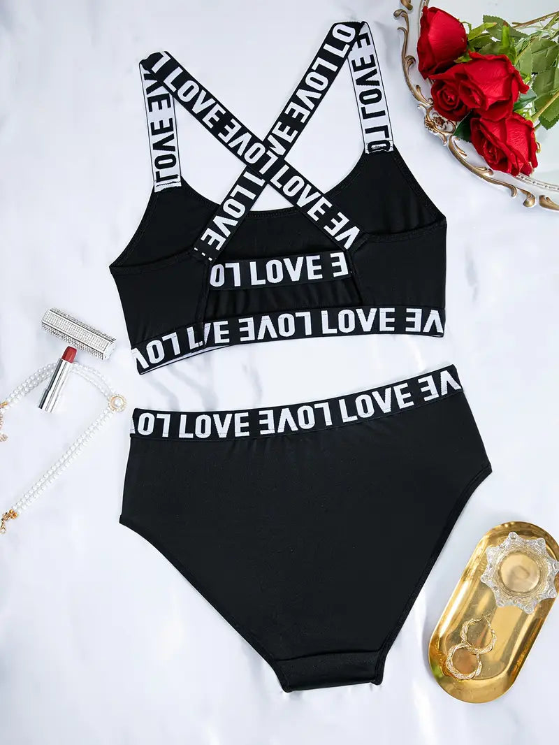 Sexy and Comfortable Women's LOVE printed letter bra and pants set | 3pcs set | sporty, sexy and comfortable