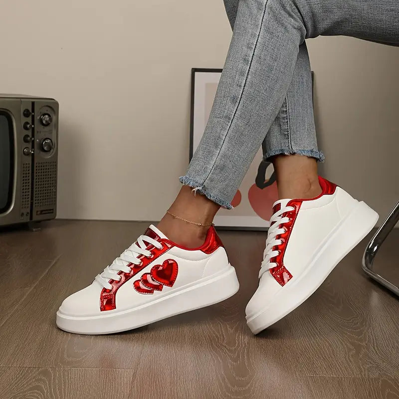 Style Heart-Shaped Sneakers Versatile Korean Style Harajuku Heart-Shaped Lace-Up Sneakers - Casual Flat White Shoes for All Seasons - Fashionable Lightweight Thick-Soled Platform