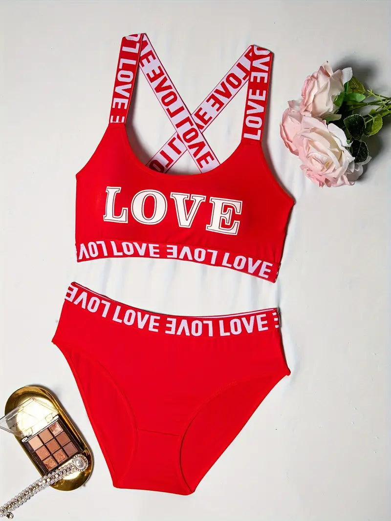 Sexy and Comfortable Women's LOVE printed letter bra and pants set | 3pcs set | sporty, sexy and comfortable