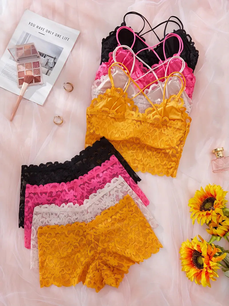 4-Pack Sexy Lace Lingerie Set for Women - Removable Padded Lace Bralette and Mid-Rise Boyshort Panties, Solid Color, Knitted Fabric, Adult Underwear Ensemble