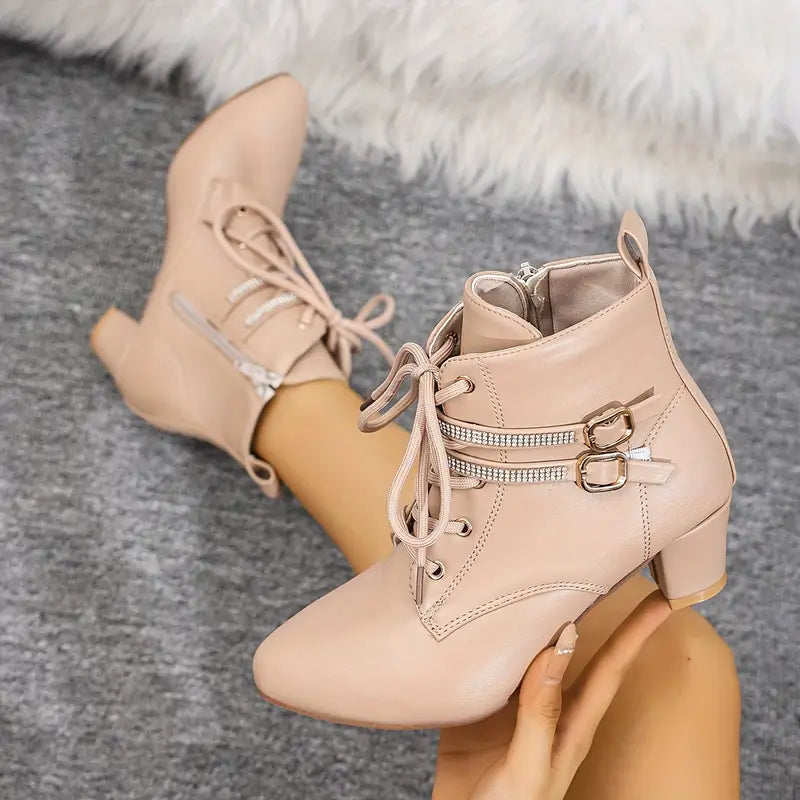 Women's Fashion Mid Heel Boots - Block Heel, Pointed Toe, Double Row Buckle, Zipper | Man Made Upper, Fabric Inner, TPR Sole