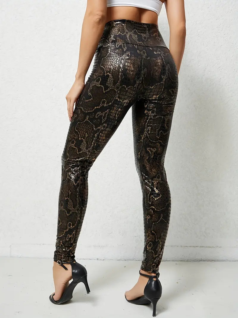 2-Pack High-Waisted Elegant Leggings 2-Pack Elegant High-Waisted Leggings, Golden Snake & Leopard Print, Stretchy Polyester Knit, Solid Color, 3/4 Length, for Outings - Adult Fit