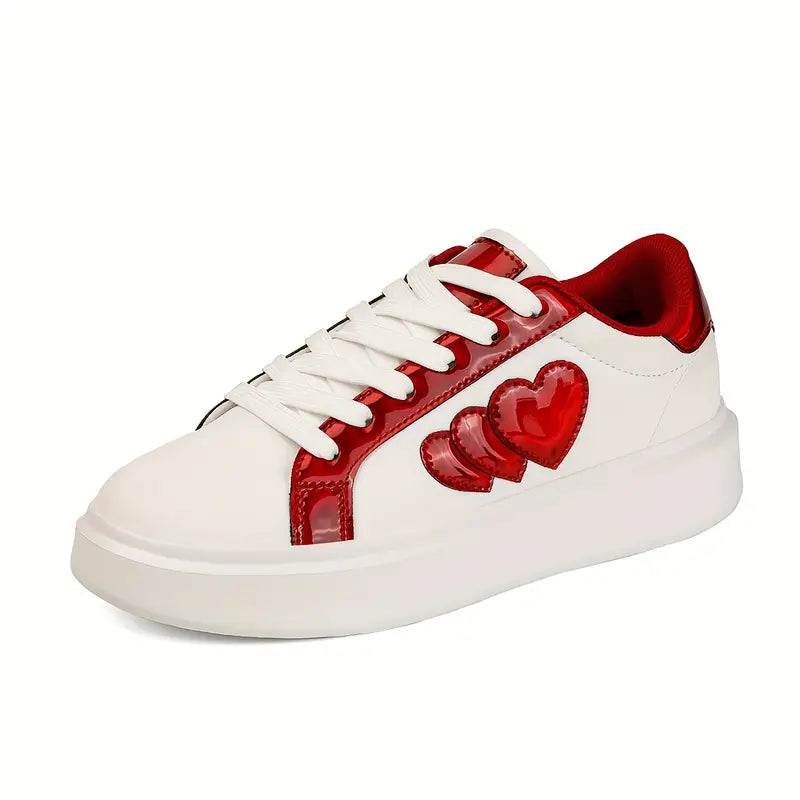 Style Heart-Shaped Sneakers Versatile Korean Style Harajuku Heart-Shaped Lace-Up Sneakers - Casual Flat White Shoes for All Seasons - Fashionable Lightweight Thick-Soled Platform