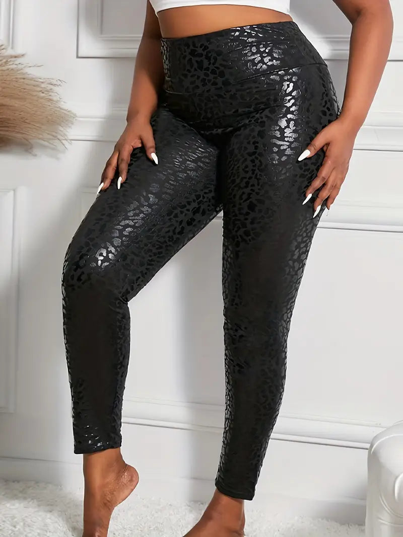2-Pack High-Waisted Elegant Leggings 2-Pack Elegant High-Waisted Leggings, Golden Snake & Leopard Print, Stretchy Polyester Knit, Solid Color, 3/4 Length, for Outings - Adult Fit