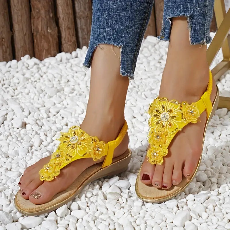 Women's Flower Decor Flat Sandals, Casual Elastic Band Summer Sandals, Comfortable Beach Shoes