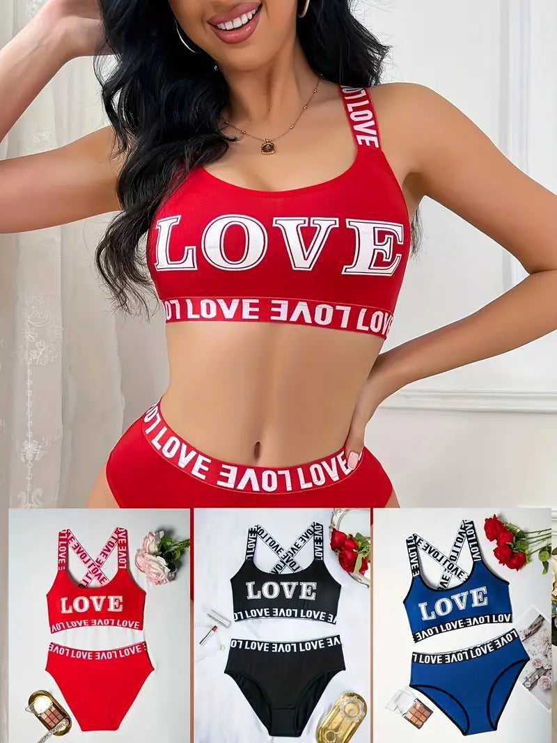 Sexy and Comfortable Women's LOVE printed letter bra and pants set | 3pcs set | sporty, sexy and comfortable
