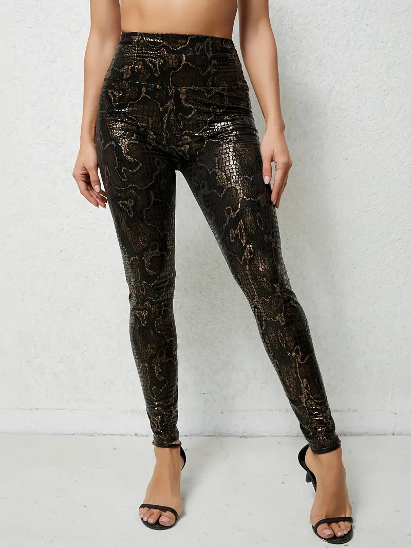 2-Pack High-Waisted Elegant Leggings 2-Pack Elegant High-Waisted Leggings, Golden Snake & Leopard Print, Stretchy Polyester Knit, Solid Color, 3/4 Length, for Outings - Adult Fit
