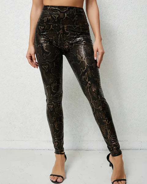 2-Pack High-Waisted Elegant Leggings 2-Pack Elegant High-Waisted Leggings, Golden Snake & Leopard Print, Stretchy Polyester Knit, Solid Color, 3/4 Length, for Outings - Adult Fit