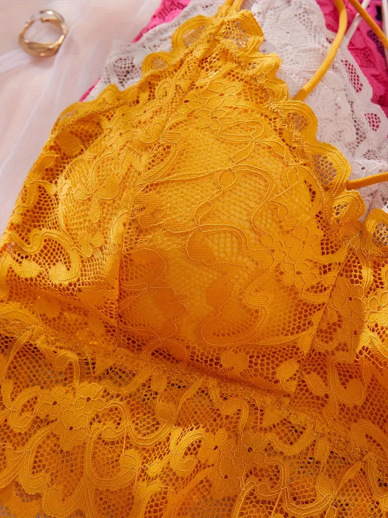 4-Pack Sexy Lace Lingerie Set for Women - Removable Padded Lace Bralette and Mid-Rise Boyshort Panties, Solid Color, Knitted Fabric, Adult Underwear Ensemble