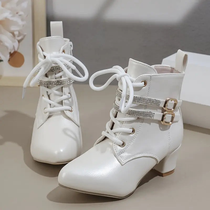 Women's Fashion Mid Heel Boots - Block Heel, Pointed Toe, Double Row Buckle, Zipper | Man Made Upper, Fabric Inner, TPR Sole