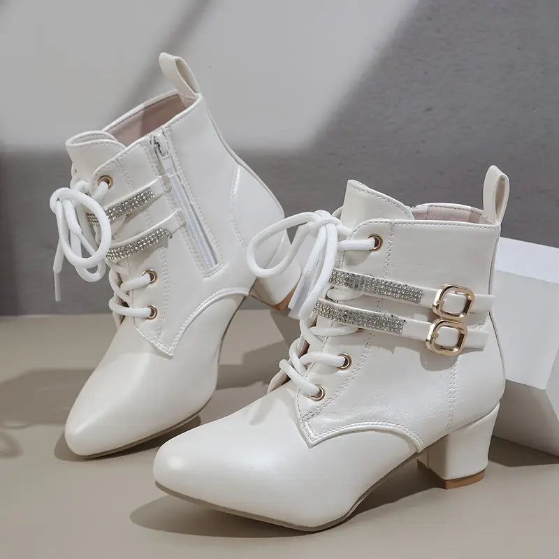 Women's Fashion Mid Heel Boots - Block Heel, Pointed Toe, Double Row Buckle, Zipper | Man Made Upper, Fabric Inner, TPR Sole